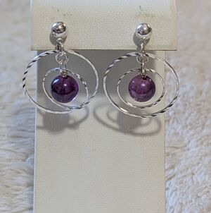 Vintage Sillvertone and Purple Bead Intertwined Hoop Pierced Earrings